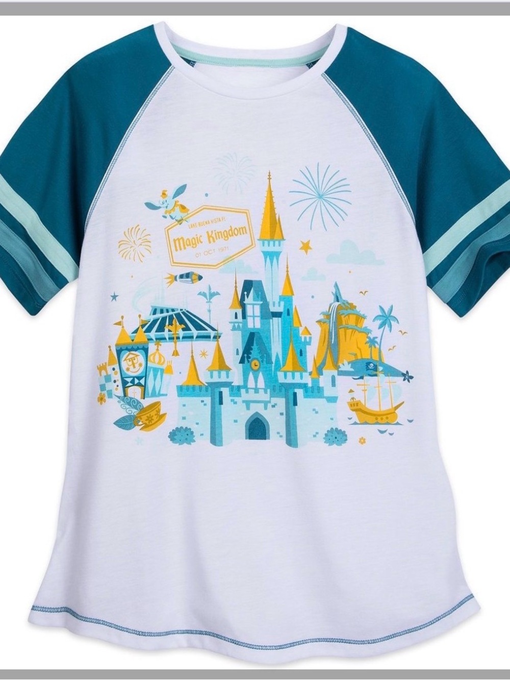 Disney NWOT White & Teal Raglan Retro Magic Kingdom Castle Graphic Tee
